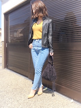 「BLACK BY MOUSSY（ブラックバイマウジー）のアイテム（ライダースジャケット）」を使った、meeeさん（レディース・150cm）の春コーディネート