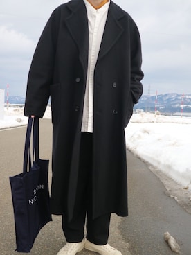 「BASISBROEK（バシスブルック）のアイテム（ステンカラーコート）」を使った、りんたさん（メンズ・173cm）の冬コーディネート