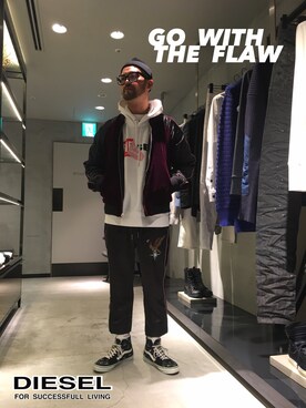 「DIESEL（ディーゼル）のアイテム（スタジャン）」を使った、留さん（メンズ・181cm）の秋コーディネート