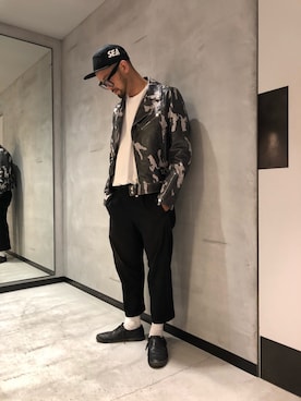 「アイテム（ライダースジャケット、グリーン系）」を使った、留さん（メンズ・181cm）の夏コーディネート