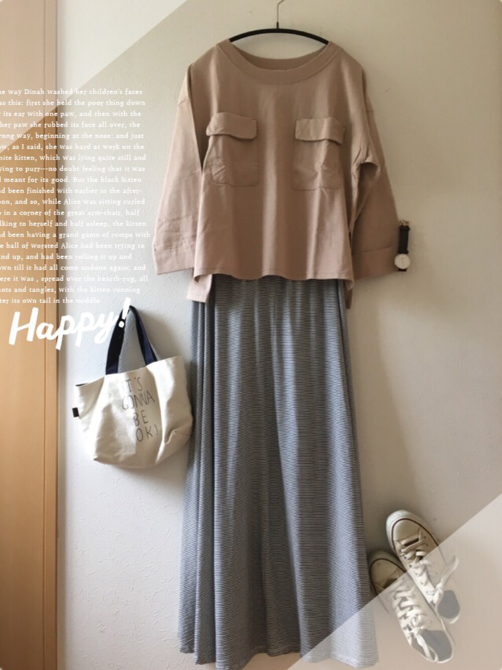 「プチプラコーデ、ロングスカート、ボーダー、ラフ、ジーナシス、GU、トートバッグ、コンバース、ダニエルウェリントン」｜「JEANASISのWポケプルオーバーLS/715456 （Tシャツ/カットソー、ベージュ系）」を使った、teey+さん（レディース・155cm）の春コーディネートの1枚目の写真