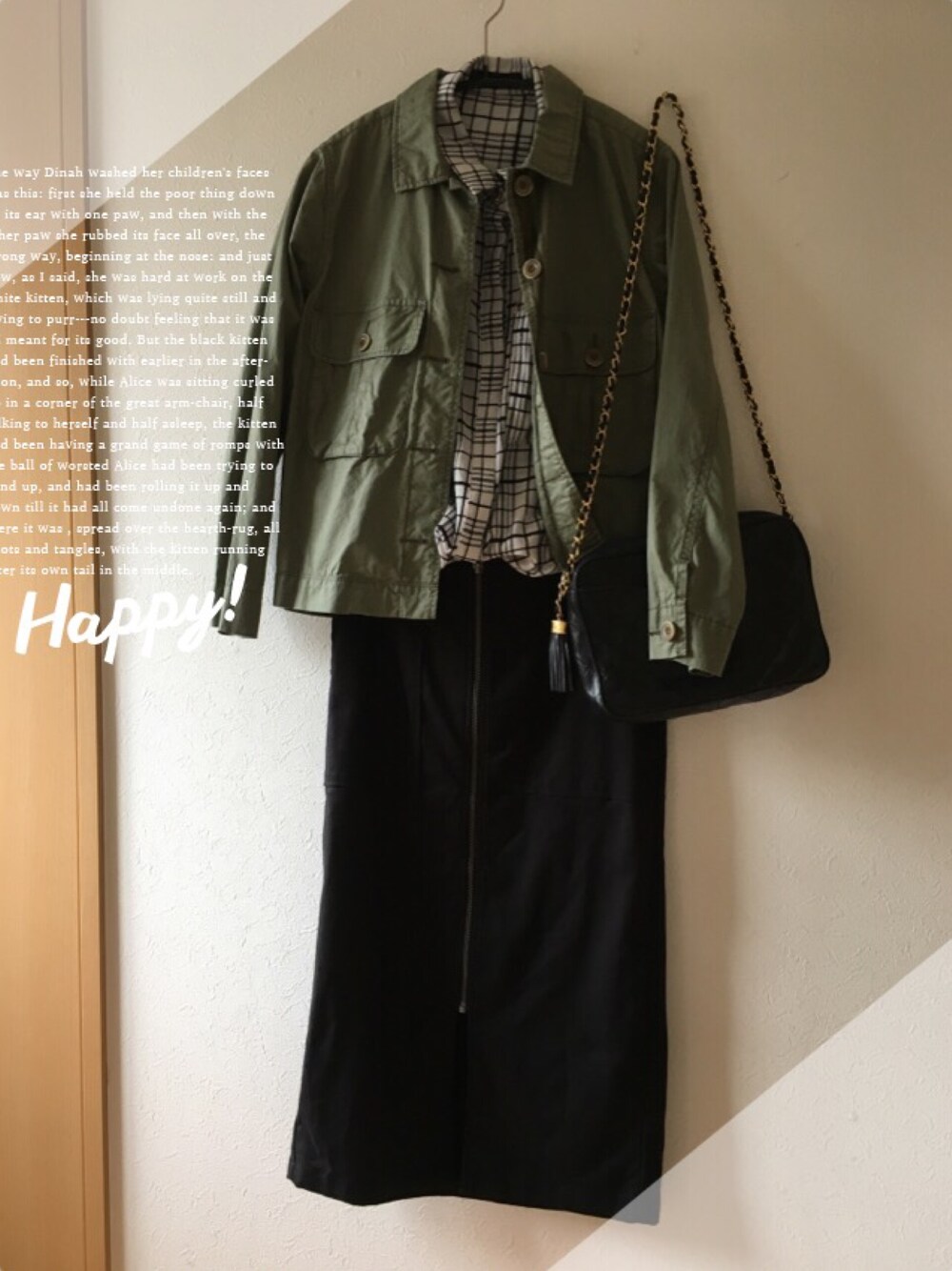 「秋服、オトナ女子、チェックシャツ、JEANASiS、GU、chanel、タイトスカート、ショルダーバッグ、ミニタリージャケット、FRAMeWORK」｜「FRAMeWORKのワークショートジャケット 　ツイカ◆（ミリタリージャケット、グリーン系）」を使った、teey+さん（レディース・155cm）の秋コーディネートの1枚目の写真