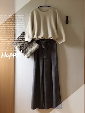 「ワッフルクルーネックＴ」｜「アイテム（その他アウター）」を使った、teey+さん（レディース・155cm）の秋コーディネート