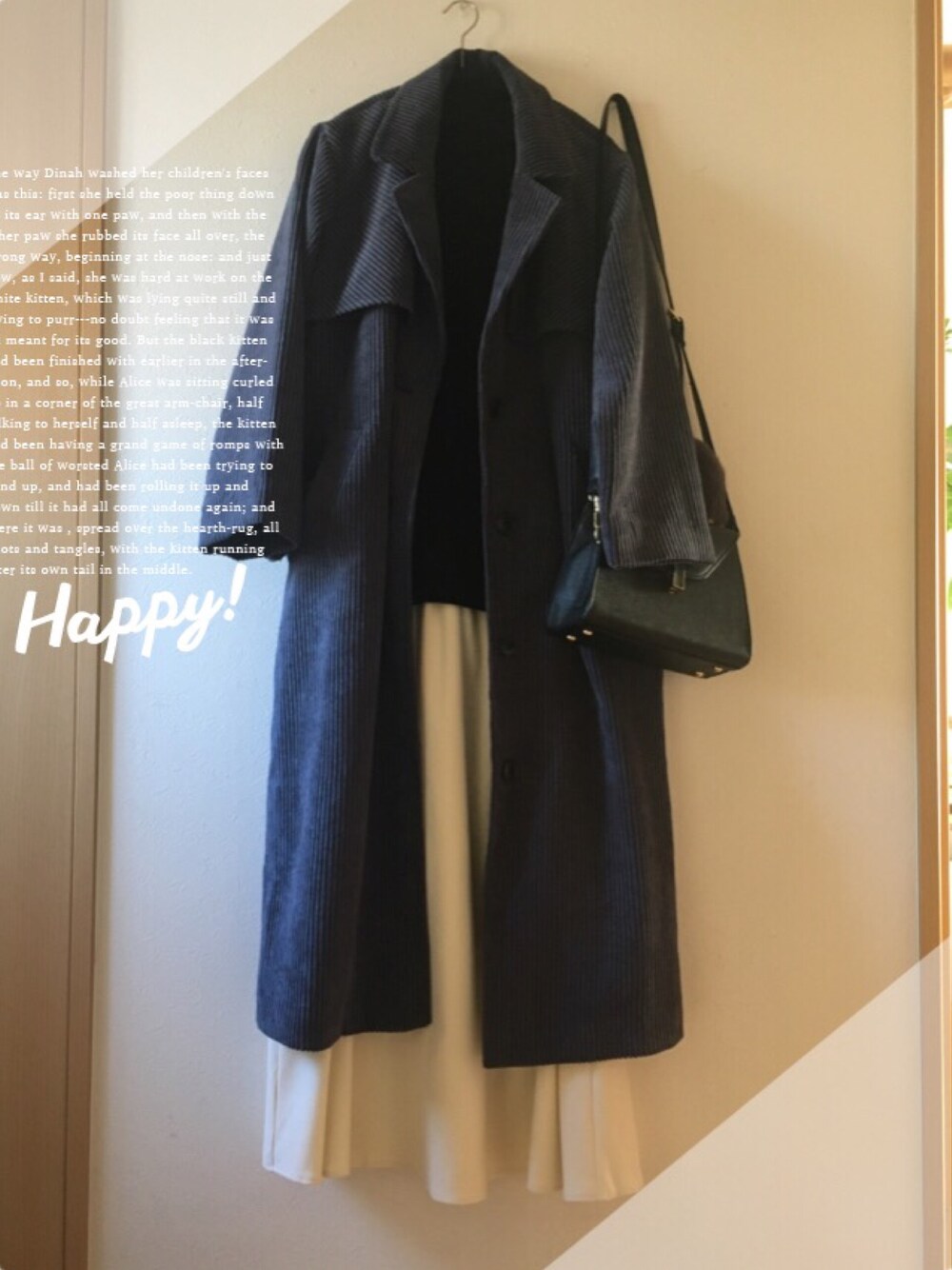 「シンプル、スカート、ニット、コーデュロイ、antiqua、journal standard、神戸レタス、ショルダーバッグ、低身長、大人コーデ」｜「JOURNAL STANDARD relumeのコーデュロイコート（その他アウター、ブルー系）」を使った、teey+さん（レディース・155cm）の冬コーディネートの1枚目の写真