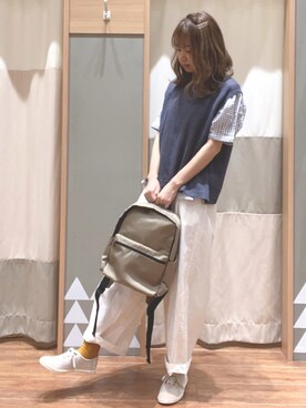 「Samansa Mos2（サマンサ モスモス）の撥水10ポケットリュック（バックパック/リュック、グリーン系）」を使った、みゆさん（レディース・163cm）の春コーディネート
