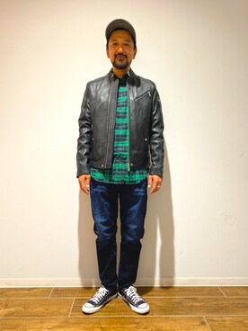 「DIESEL（ディーゼル）のアイテム（ライダースジャケット）」を使った、keiさん（メンズ・176cm）の秋コーディネート