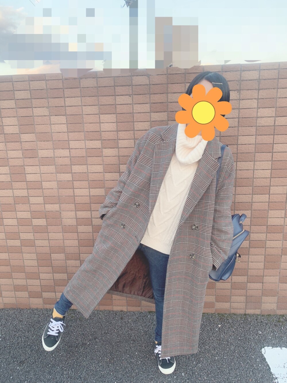 「niko and...のチェックビッグチェスターコート（チェスターコート、ブラウン系）」を使った、yknさん（レディース・152cm）の冬コーディネートの1枚目の写真