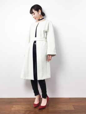 「GOUT COMMUN（グーコミューン）のアイテム（ノーカラージャケット）」を使った、田中彩央里さん（レディース・158cm）の冬コーディネート