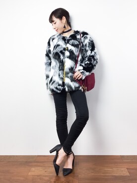 「DURAS（デュラス）のアイテム（ノーカラージャケット）」を使った、田中彩央里さん（レディース・158cm）の冬コーディネート