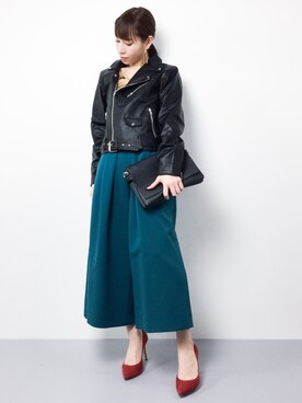「PUNYUS（プニュズ）のアイテム（ライダースジャケット）」を使った、田中彩央里さん（レディース・158cm）の冬コーディネート