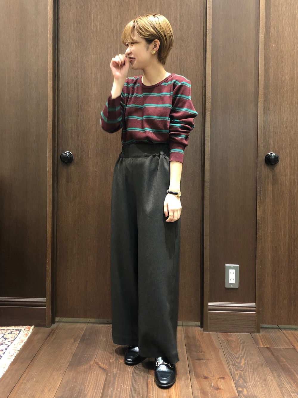 「秋のコーデ、オトナカジュアル、秋コーデ、ボーダー、低身長コーデ、低身長、ootd、秋服、カジュアルコーデ、ボーダートップス」｜「FIL DE FERのテレコダブルボーダー 長袖カットソー（Tシャツ/カットソー、レッド系）」を使った、mis.さん（レディース・149cm）の秋コーディネートの1枚目の写真