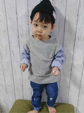 「1歳半」｜「アイテム（ニットキャップ/ビーニー）」を使った、kanata＊＊さん（キッズ・90cm）の春コーディネート