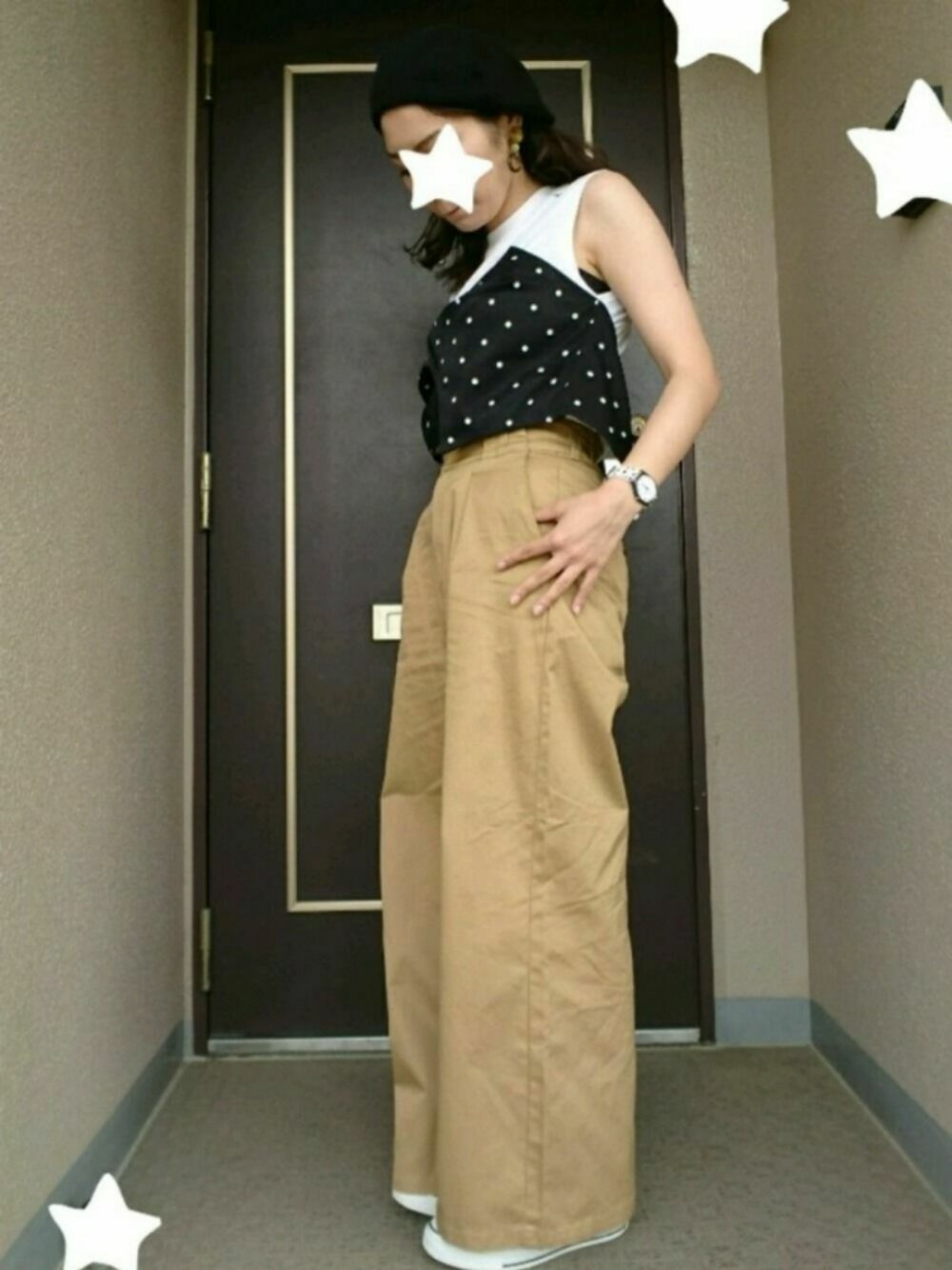 「ビスチェ、ワイドパンツ、コンバース、ベージュ、ROSE BUD」｜「CACTUSのアイテム（パンツ、ベージュ系）」を使った、≛Y⍥U≛さん（レディース・155cm）の夏コーディネートの1枚目の写真