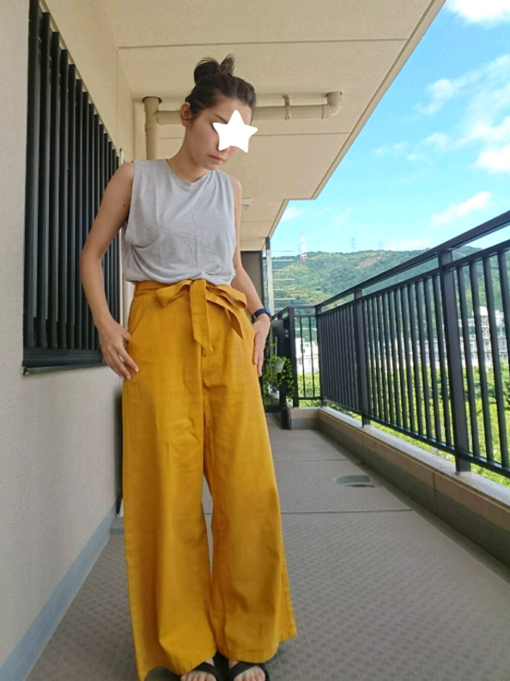 「黄色、ワイドパンツ、KBF、カジュアル」｜「しまむらのアイテム（パンツ、イエロー系）」を使った、≛Y⍥U≛さん（レディース・155cm）の夏コーディネートの1枚目の写真