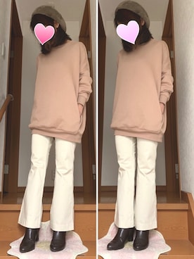 「スウェットコーデ」｜「アイテム（ハンチング/ベレー帽）」を使った、Rieさん（レディース・154cm）の冬コーディネート