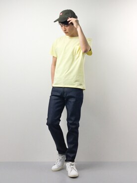 「yellow」｜「アイテム（キャップ）」を使った、中嶋時男さん（メンズ・183cm）の春コーディネート