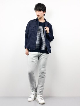 「青×白」｜「アイテム（ブルゾン）」を使った、中嶋時男さん（メンズ・183cm）の春コーディネート