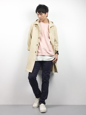 「ロング丈」｜「アイテム（ステンカラーコート）」を使った、中嶋時男さん（メンズ・183cm）の春コーディネート