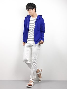 「blue」｜「アイテム（パーカー）」を使った、中嶋時男さん（メンズ・183cm）の春コーディネート