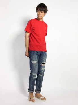 「45R（フォーティファイブアール）のアイテム（Tシャツ/カットソー）」を使った、中嶋時男さん（メンズ・183cm）の夏コーディネート