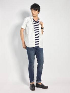 半袖ボーダーvネックｔシャツを使ったメンズ人気ファッションコーディネート Wear