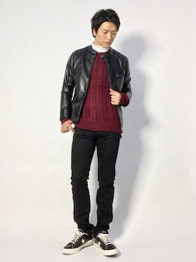 「ZIP FIVE（ジップファイブ）のアイテム（ライダースジャケット）」を使った、中嶋時男さん（メンズ・183cm）の秋コーディネート