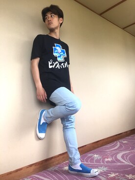 「アイテム（スリッポン、ブルー系）」を使った、ちゃんかわさん（メンズ・173cm）の春コーディネート