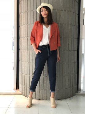 「アイテム（ライダースジャケット、オレンジ系）」を使った、ismさん（レディース・170cm）の春コーディネート