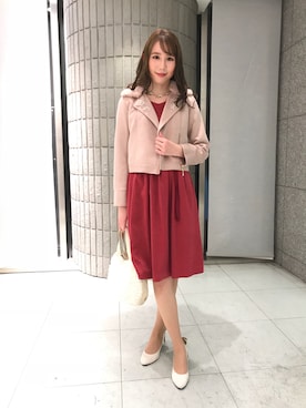 「アイテム（ライダースジャケット、ピンク系）」を使った、ismさん（レディース・170cm）の秋コーディネート