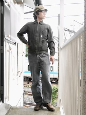 「アイテム（デニムジャケット、グリーン系）」を使った、s uchidaさん（メンズ・173cm）の夏コーディネート