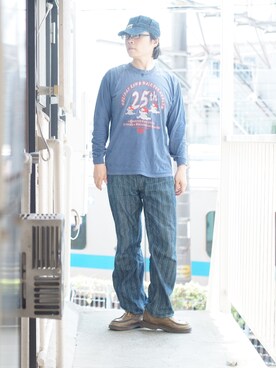「FREEWHEELERS（フリーホイーラーズ）のアイテム（デニムパンツ）」を使った、s uchidaさん（メンズ・173cm）の夏コーディネート