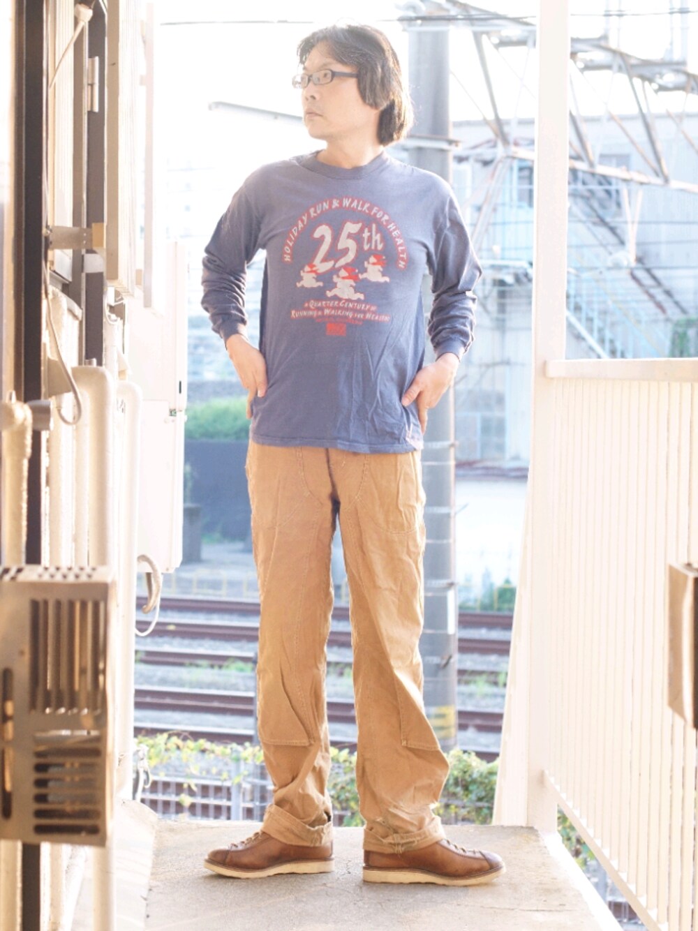 「ロンT、Tシャツ、夏コーデ、ダック地、ワーク、ワークパンツ、おしゃれさんと繋がりたい、アメカジ、古着、ヴィンテージ」｜「BEN DAVISのアイテム（カーゴパンツ、ベージュ系）」を使った、s uchidaさん（メンズ・173cm）の夏コーディネートの1枚目の写真