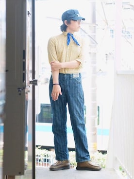 「FREEWHEELERS（フリーホイーラーズ）のアイテム（デニムパンツ）」を使った、s uchidaさん（メンズ・173cm）の夏コーディネート