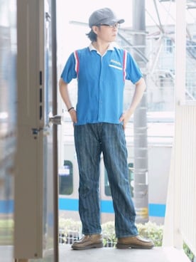 「FREEWHEELERS（フリーホイーラーズ）のアイテム（デニムパンツ）」を使った、s uchidaさん（メンズ・173cm）の夏コーディネート