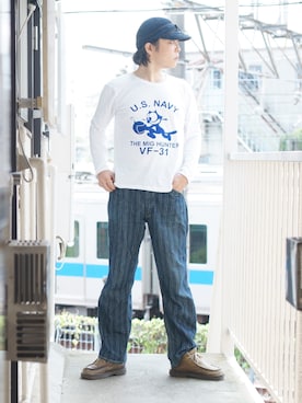 「FREEWHEELERS（フリーホイーラーズ）のアイテム（デニムパンツ）」を使った、s uchidaさん（メンズ・173cm）の夏コーディネート