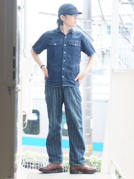 「FREEWHEELERS（フリーホイーラーズ）のアイテム（デニムパンツ）」を使った、s uchidaさん（メンズ・173cm）の秋コーディネート