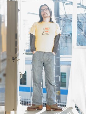 「BOBSON（ボブソン）のアイテム（パンツ）」を使った、s uchidaさん（メンズ・173cm）の春コーディネート