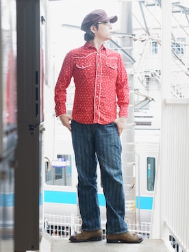 「FREEWHEELERS（フリーホイーラーズ）のアイテム（デニムパンツ）」を使った、s uchidaさん（メンズ・173cm）の夏コーディネート