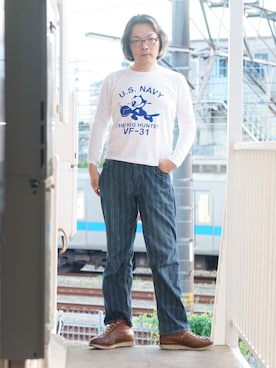 「FREEWHEELERS（フリーホイーラーズ）のアイテム（パンツ）」を使った、s uchidaさん（メンズ・173cm）の夏コーディネート
