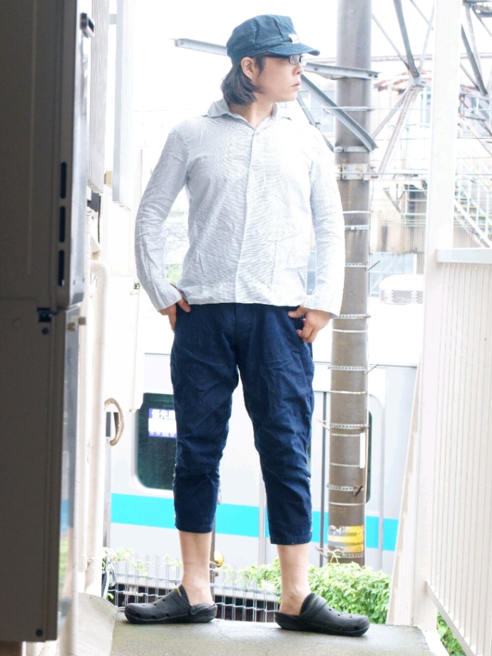 「ワークキャップ、ジョッパーズパンツ、アメカジ、町田、40代ファッション、40代」｜「OMNIGODのアイテム（デニムパンツ、ブルー系）」を使った、s uchidaさん（メンズ・173cm）の夏コーディネートの1枚目の写真