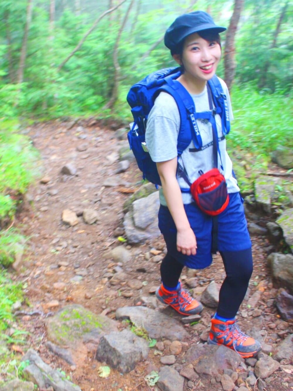 「アウトドアスタイル、登山、登山コーデ、山登りスタイル、山ガール、山女子、山、赤岳、トレッキング、THE NORTH FACE」｜「MILLETのアイテム（バックパック/リュック、ブルー系）」を使った、ぽぽさん（レディース・151cm）の夏コーディネートの1枚目の写真