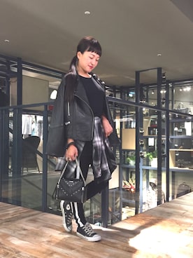 「デニムから始まったライフスタイルブランド」｜「アイテム（ライダースジャケット）」を使った、Obaaaaatsuさん（レディース・148cm）の秋コーディネート