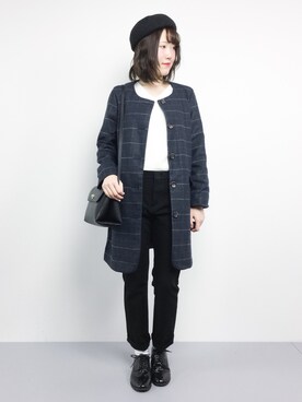 「Green　Parks（グリーンパークス）のアイテム（ノーカラージャケット）」を使った、まるさん（レディース・161cm）の冬コーディネート