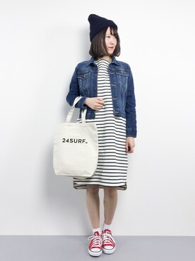 「MERCURYDUO（マーキュリーデュオ）のアイテム（デニムジャケット）」を使った、まるさん（レディース・161cm）の春コーディネート