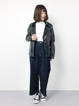 「unrelaxing（アンリラクシング）のアイテム（ライダースジャケット）」を使った、まるさん（レディース・161cm）の春コーディネート