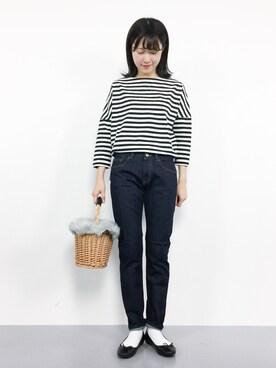 「niko and...（ニコアンド）のオリジナルフェイクファーフタ付カゴバッグ【niko and ...】（トートバッグ）」を使った、まるさん（レディース・161cm）の秋コーディネート