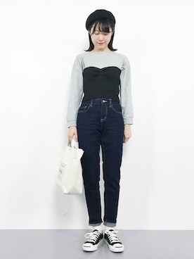 「Honeys（ハニーズ）のデニムテーパードパンツ（デニムパンツ）」を使った、まるさん（レディース・161cm）の秋コーディネート