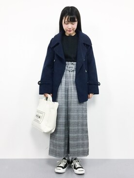 「グレンチェック」｜「アイテム（ピーコート）」を使った、まるさん（レディース・161cm）の秋コーディネート