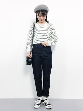 まるさんの「LE DENIM テーパードデニムパンツ◆」を使ったコーディネート