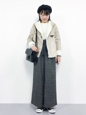 「グレンチェック」｜「アイテム（ムートンコート）」を使った、まるさん（レディース・161cm）の秋コーディネート